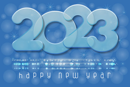 Happy New Year 2023 poster with glass numbers. Winter holidays greeting or invitation. Vector illustration on blue background.のイラスト素材