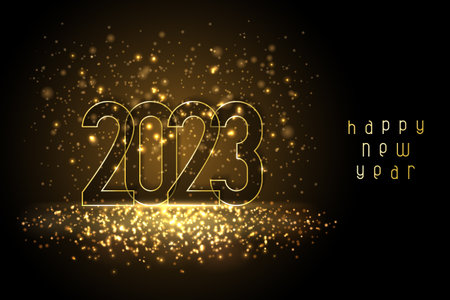 Happy New Year 2023 poster with numbers cut out of paper and with glitter. Winter holidays greeting or invitation. Vector illustration on black background.のイラスト素材