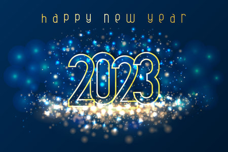 Happy New Year 2023 poster with numbers cut out of paper and with glitter. Winter holidays greeting...