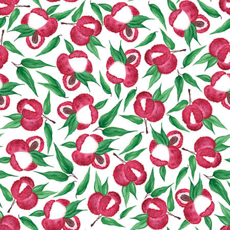 Lychee fruits and leaves seamless pattern. Exotic bright lychee berries on a white background,...