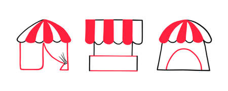 Shopping awning template set, empty market stall with red and white striped awning. Icons. Outdoor advertising, exhibition, pop-up tent, mobile advertising tent, mockup. Shelter canopy. Watercolor.の写真素材