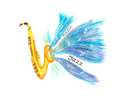 Golden saxophone on a white background. Musical symbols and notes. Watercolor illustrationの写真素材
