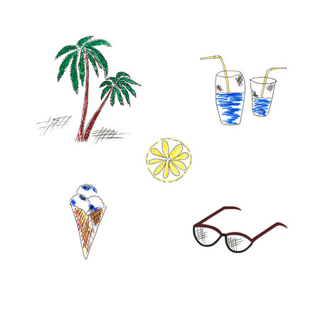 Set of hand drawn elements. sunglasses, palms, drinks, lemon, ice cream doodle style