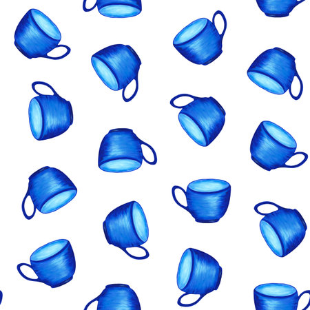 Blue cups on a white background. Bright seamless pattern. Watercolor illustration. For the design of menus, packaging, postcards, wallpapers, fabrics, banners, panels. To decorate the interior of the kitchen, cafe.の写真素材