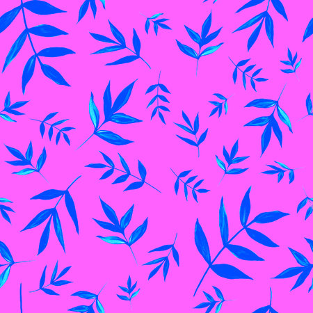 Seamless pattern Blue leaves, plants, leaves, branches isolated on a pink background. Watercolor.の写真素材