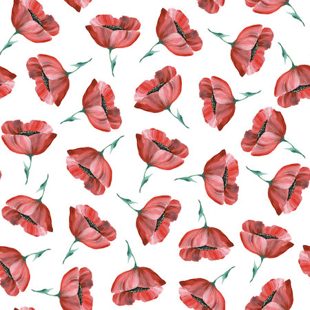 Red poppies on a white background. Floral seamless pattern. Watercolor illustration. For printing on fabric, design.の写真素材