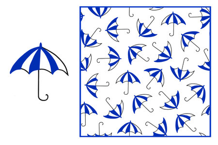 Set: blue umbrella with white stripes and seamless pattern. Simple hand-drawn doodle style. Icon, isolate on a white background. For printing on fabric, designの写真素材