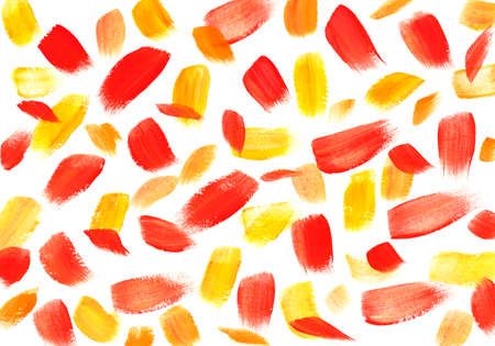 Close up abstract gouache and watercolor drawing. Artistic grunge creative set of multicolored orange and yellow brush strokes on white background, horizontal image.の写真素材
