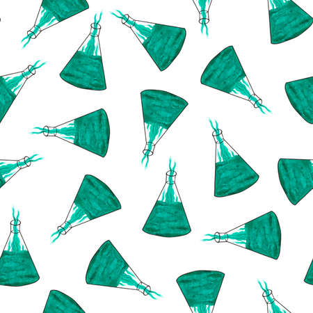 Flasks with emerald green potion, solution on a white background. Seamless pattern. Chemistry, reagents, medicine, alchemy, preparation of drugs. Watercolor illustration.の写真素材