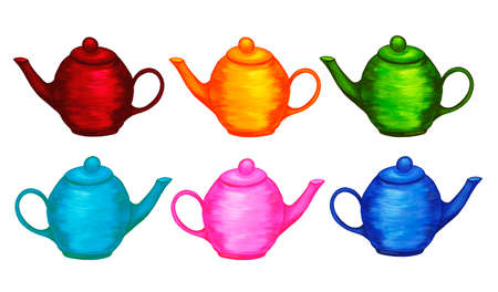 Kitchen teapots infuser set. Bright multi colored dishes. Watercolor illustration. Tea time. Breakfast. Blue red green, orange turquoise pink teapots with lidsの写真素材