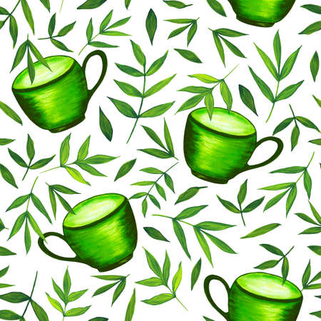 Green tea cups and leaves on a white background. Bright seamless background. Green tea. Tea time. Hand drawn watercolor illustration. For printing on fabrics, packaging design, menus.の写真素材