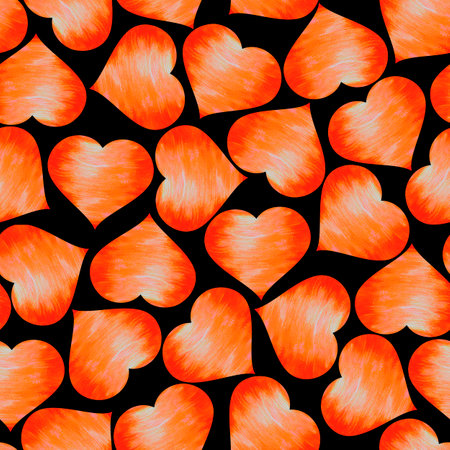 Orange bright hearts on a black background. Seamless pattern. Watercolor illustration. Love symbol. For printing on fabric, packaging design.の写真素材