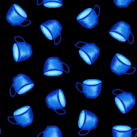 Bright blue tea cups on a black background. Seamless pattern. Watercolor illustration. Dishes. Kitchen items. For printing on fabric, cafe menu design.の写真素材
