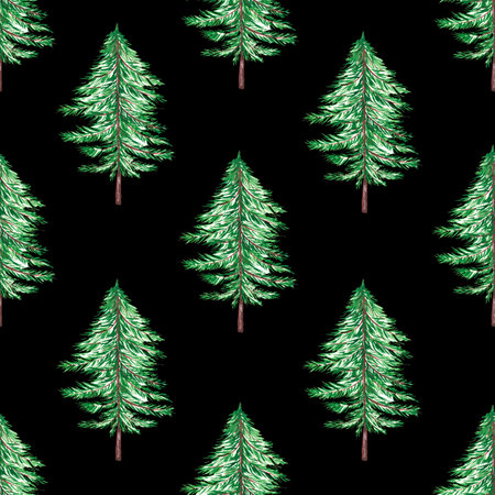 Green fluffy Christmas trees on a black background. Seamless background with trees. Watercolor illustration with elements of nature. Ecology, gardening. For the design wrapping, printing on fabric.の写真素材