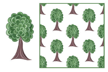 Set - cute green tree isolated on white background and seamless pattern. Watercolor illustration. Nature, Ecology. Landscaping. For packaging, textiles, website design.の写真素材