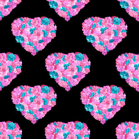 Hearts with pink and turquoise flowers on a black background. Seamless pattern. Watercolor...
