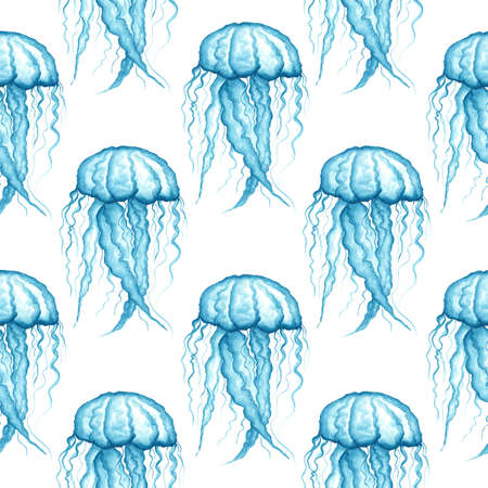 Delicate transparent light blue jellyfish on a white background. Marine life. Seamless pattern....