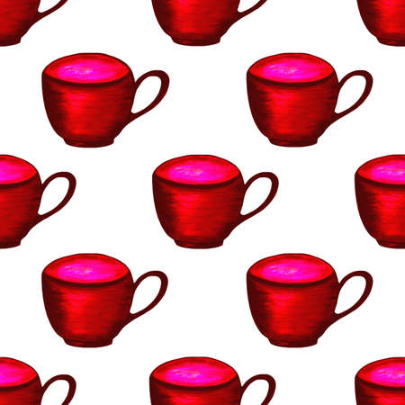 Red cups on a white background. Seamless pattern. Breakfast. Watercolor illustration. For coffee shop menu design. For dough, packaging.の写真素材