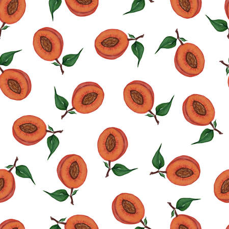 Ripe peach halves with pits and leaves on a white background. Seamless pattern. Watercolor realistic...