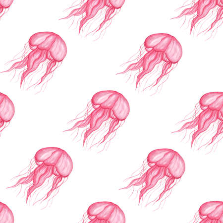 Seamless pattern with pink transparent jellyfish on a white background. Watercolor illustration. Sea...