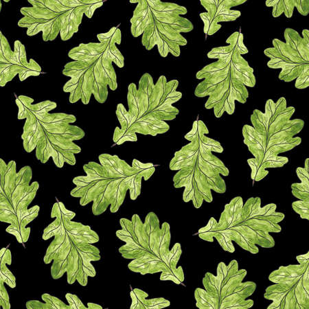 Green watercolor oak leaves on a black background. Abstract floral seamless pattern. Ecology. Nature. For printing on fabric, packaging design.の写真素材