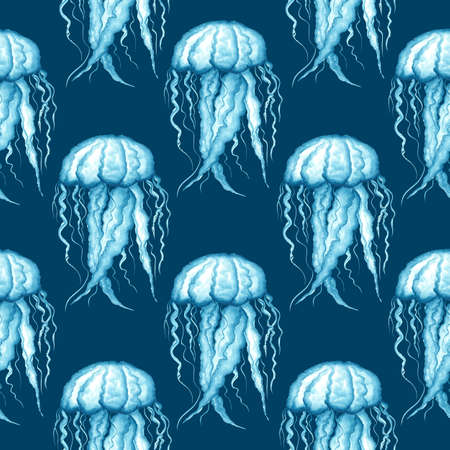 Seamless pattern with blue transparent jellyfish on a dark blue background. Watercolor illustration. Sea life. Underwater world. For printing on fabric.の写真素材