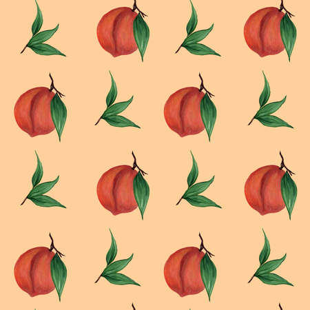 Peaches with green leaves on a light pink background. Tropical summer fruits. Seamless pattern....