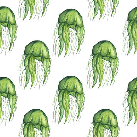 Jellyfish green transparent with long beautiful tentacles on a white background. Seamless pattern....