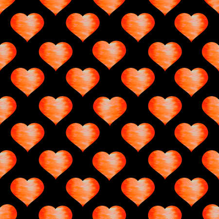 Bright orange hearts with texture on a black background. Seamless pattern. Watercolor illustration....