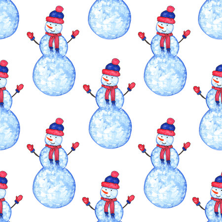 Snowman in a cap and mittens on a white background. Seamless pattern. Watercolor illustration. Winter. Christmas. For printing on fabric, design of cards, gift wrapping.の写真素材