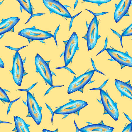 Blue tuna fish on a yellow background. Watercolor illustration. Sea fish. Seamless patterns for backgrounds, packaging, textiles.の写真素材