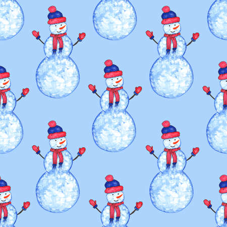 Seamless pattern with Snowmen in a hat and mittens on a blue background. Watercolor illustration. Winter fun. For printing on fabric, design of cards, gift wrapping.の写真素材