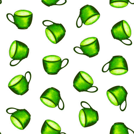 Seamless pattern with green tea cups on a white background. Watercolor illustration. Tea time. For packaging design, menus, printing on fabric and packaging.の写真素材