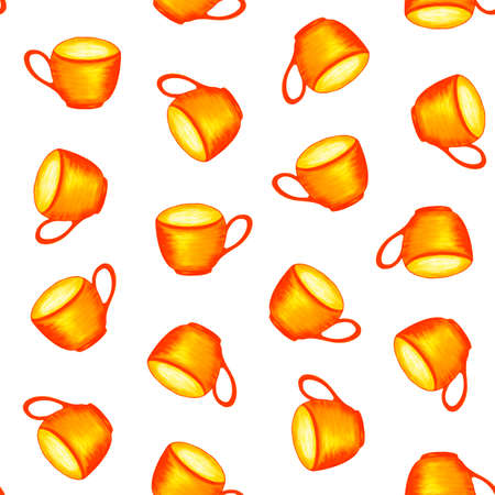 Orange tea cups on a white background. Seamless pattern. Tea time. Watercolor illustration. For printing on fabric for design cafe, menu.の写真素材