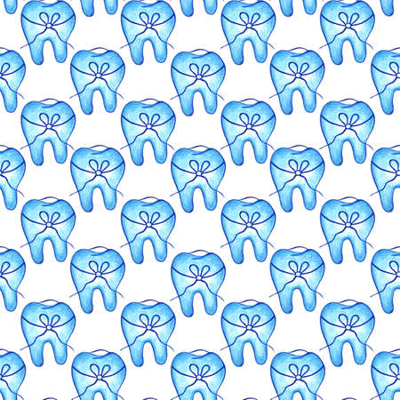 Seamless pattern with cute teeth decorated with a bow on a white background. Watercolor illustration. Dentistry. Medicine. For packaging design, textiles.の写真素材