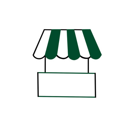 Canopy, stall, pavilion with green and white stripes on the roof isolated on white background. Shop window, mini-market. Flat facade. Shopping icon.の写真素材