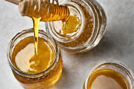 Golden honey is beautifully poured into a glass jar from a honey ladle. Harvesting.の素材