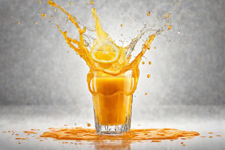 Orange fresh juice in a glass with a beautiful splash and splashing drops on a gray background.の素材