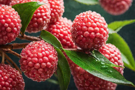 Fresh ripe bright pink lychee fruits hang on a branch with green leaves. Juicy berries. Close-up.の素材