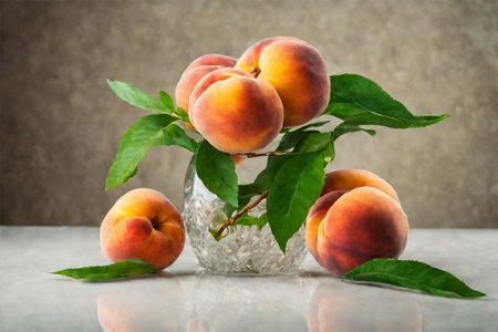 Ripe juicy peaches with green leaves lie in a glass vase on a gray background. Fresh harvest of summer fruits.の素材