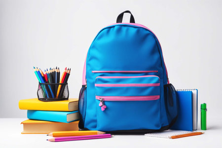 Blue backpack with notebooks, pens, pencils, textbooks on a white background. Stationery, school accessories.の素材