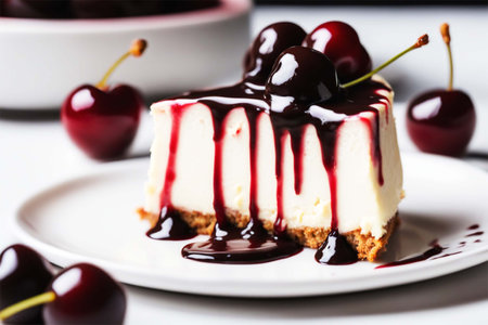 Sweet dessert with chocolate topping and cherries on a white plate close-up. Delicious cheesecake.の素材