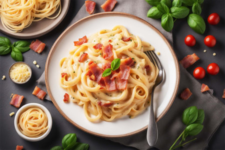 Pasta carbonara with bacon in creamy sauce on a white plate. Italian Cuisine.の素材
