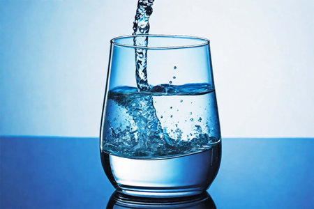 A transparent beautiful stream of water beautifully pours into a glass on a blue background. Fresh drinking water.の素材