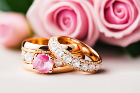 Jewelry - a ring with a diamond and cubic zirconia with a bouquet of pink roses.dding diamond ring with pastel pink rosesの素材