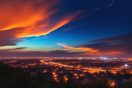 Sunset with a beautiful sky and silhouettes of houses in the night city.の素材
