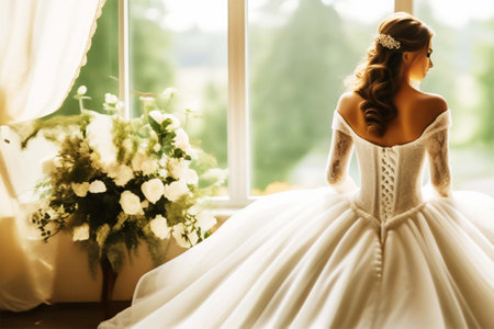 The bride is a brunette, with a beautiful long hairstyle, standing by the window. A girl in a luxurious, fluffy, white dress with lacing on the back.の素材