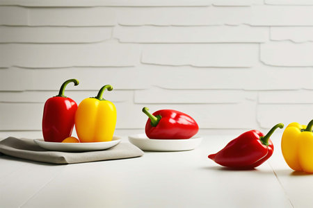 Fresh red and yellow fruits of bell peppers on a white table. Ripe seasonal vegetables. Harvest.の素材
