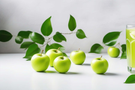 Fresh harvest of green apples and a glass of juice on white on the table. Ripe seasonal fruitsの素材