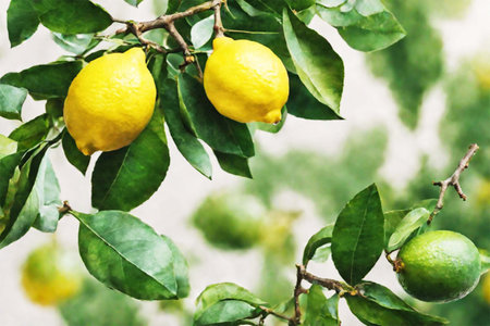 Ripe yellow whole lemons on tree branches with green leaves. Fresh harvest of seasonal fruits.の素材